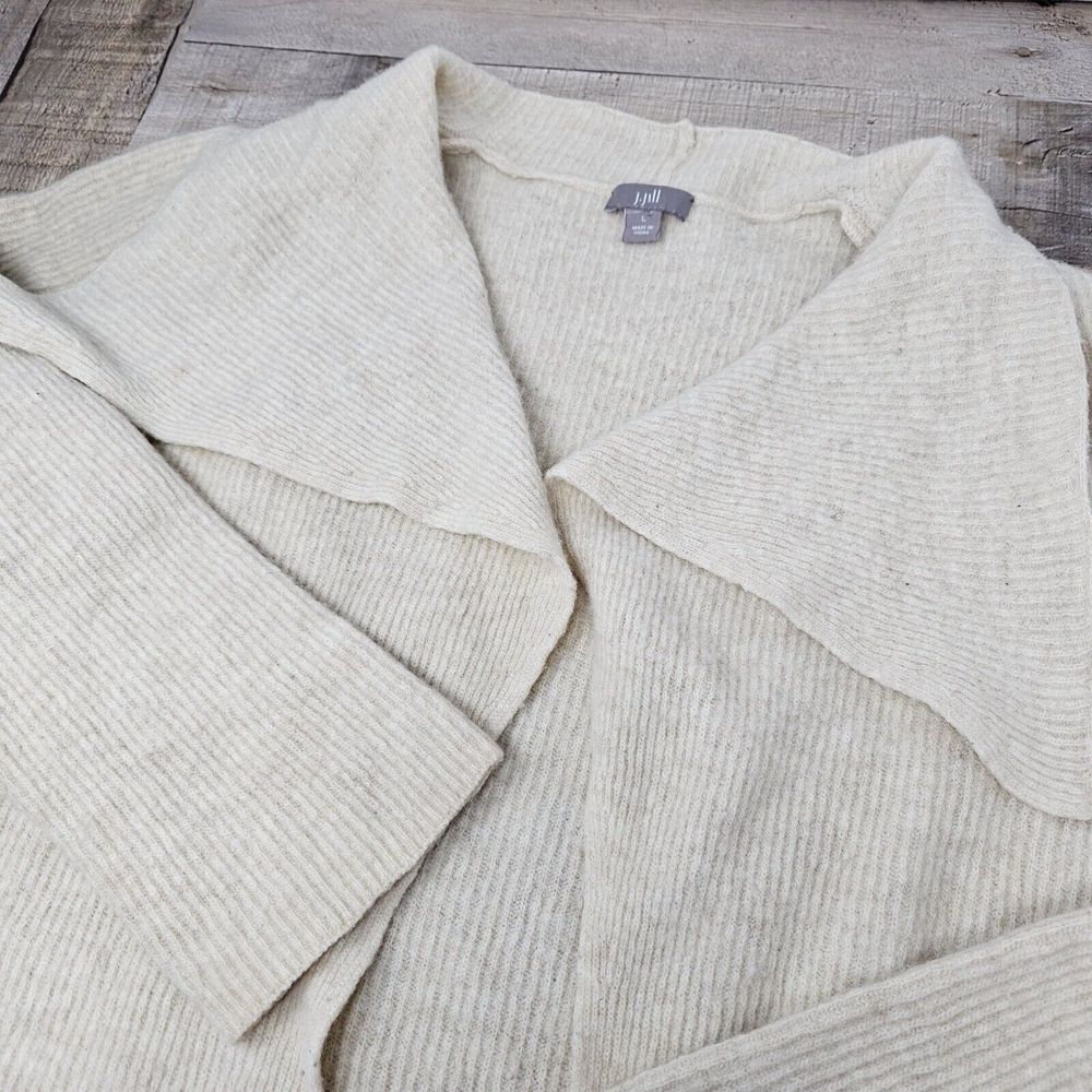 J Jill Size Large Cashmere Wool‎ Blend Beige Ribbed Open Front Cardigan Sweater